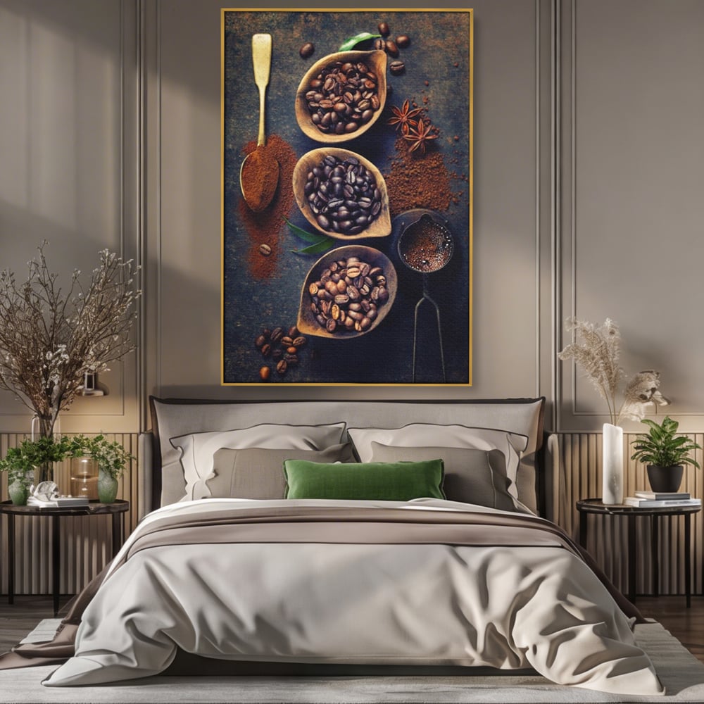 Leinwand Wandkunst Leinwand Wandkunst Premium LuxCanva® A1112, Kaffee Kunst, Kaffeegeschmack, Löffel, Kaffeebohne, lebendige Farben