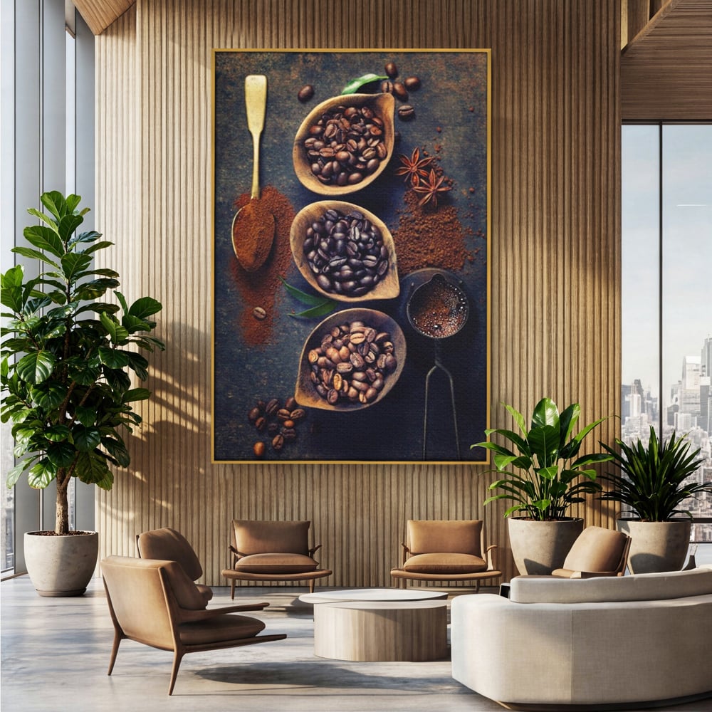 Leinwand Wandkunst Leinwand Wandkunst Premium LuxCanva® A1112, Kaffee Kunst, Kaffeegeschmack, Löffel, Kaffeebohne, lebendige Farben