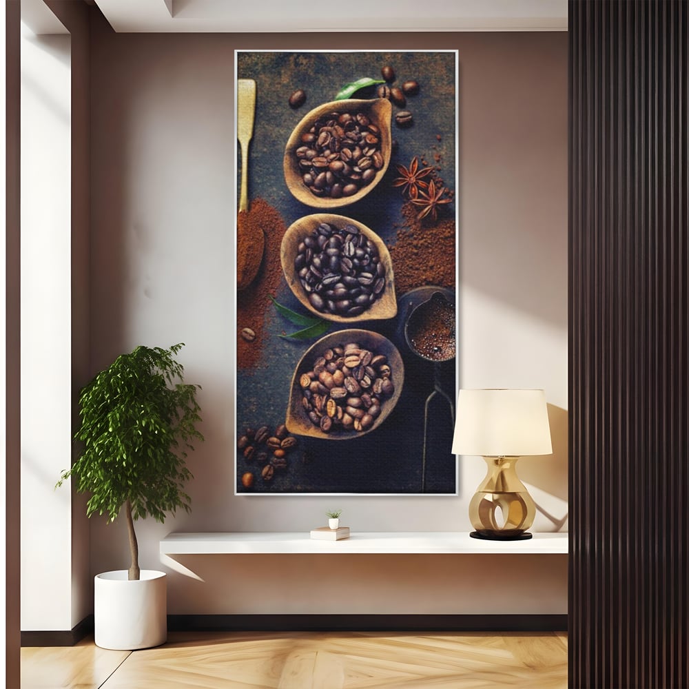 Leinwand Wandkunst Leinwand Wandkunst Premium LuxCanva® A1112, Kaffee Kunst, Kaffeegeschmack, Löffel, Kaffeebohne, lebendige Farben