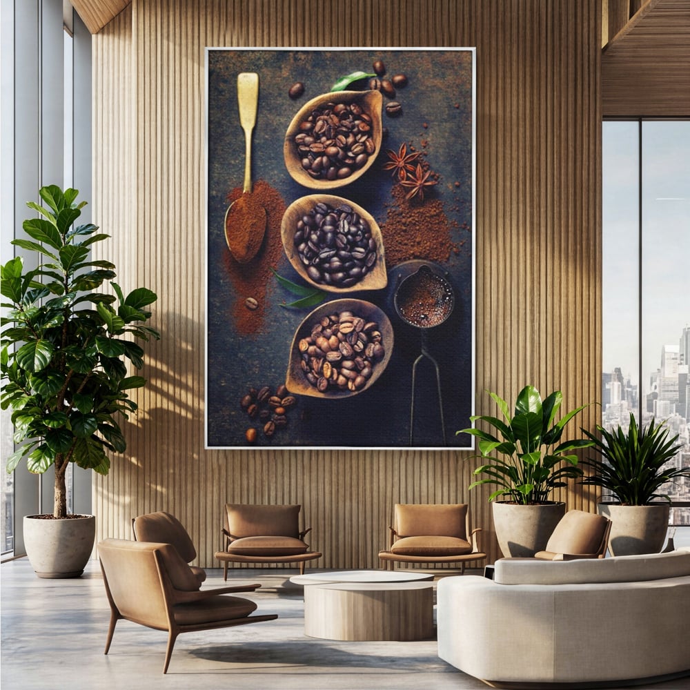 Leinwand Wandkunst Leinwand Wandkunst Premium LuxCanva® A1112, Kaffee Kunst, Kaffeegeschmack, Löffel, Kaffeebohne, lebendige Farben