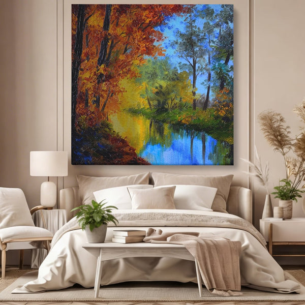 Tablou Canvas Premium LuxCanva® A1114, Langa Padure , Lac, Toamna, Peisaj, Natura, Culori Vibrante