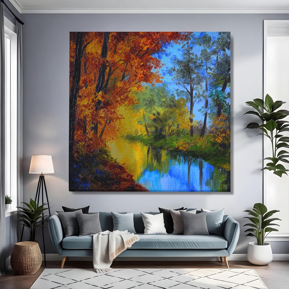 Tablou Canvas Premium LuxCanva® A1114, Langa Padure , Lac, Toamna, Peisaj, Natura, Culori Vibrante