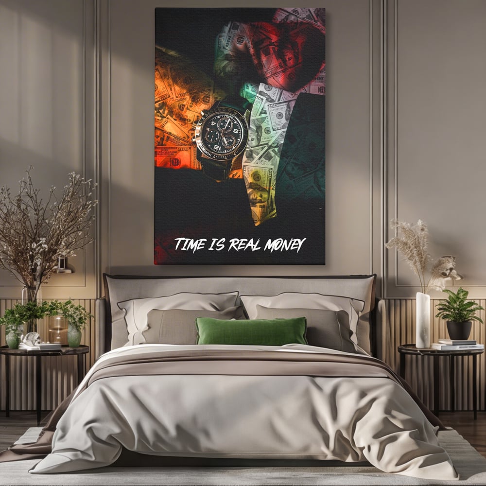 Tablou Canvas Premium LuxCanva® A1121, Time Is Money , Ceas, Timp, Cash, Motivational, Culori Vibrante