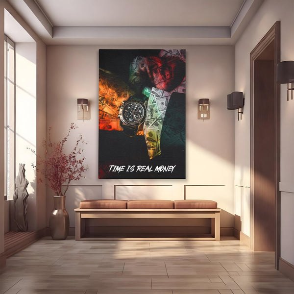 Tablou Canvas Premium LuxCanva® A1121, Time Is Money , Ceas, Timp, Cash, Motivational, Culori Vibrante