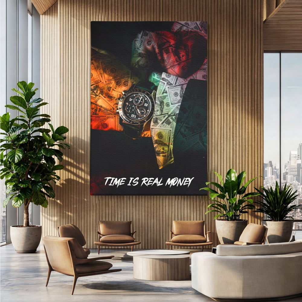 Tablou Canvas Premium LuxCanva® A1121, Time Is Money , Ceas, Timp, Cash, Motivational, Culori Vibrante