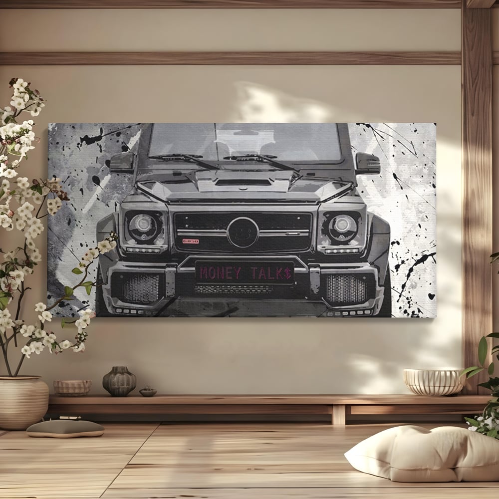 Leinwand Kunst Leinwand Premium LuxCanva® A1125, Money Talk , Mercedes, Erfolg, Weiß, Schwarz