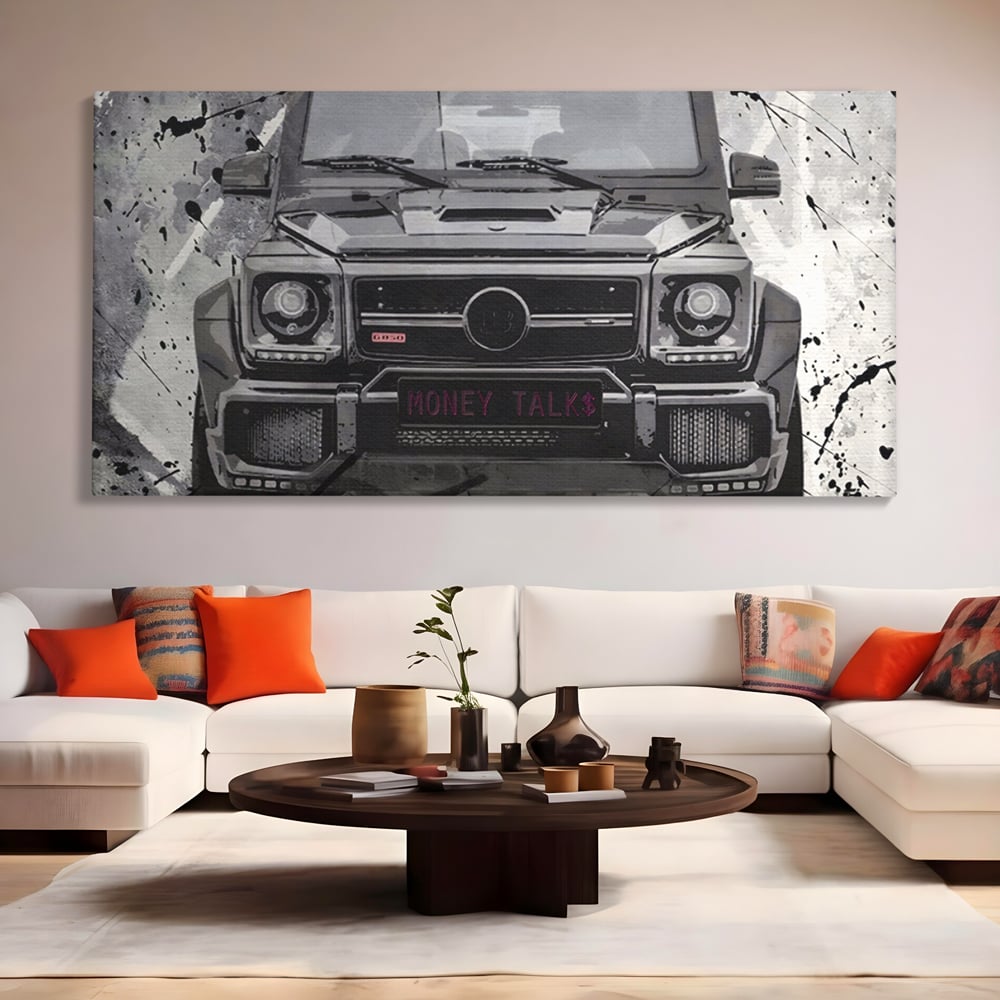 Leinwand Kunst Leinwand Premium LuxCanva® A1125, Money Talk , Mercedes, Erfolg, Weiß, Schwarz