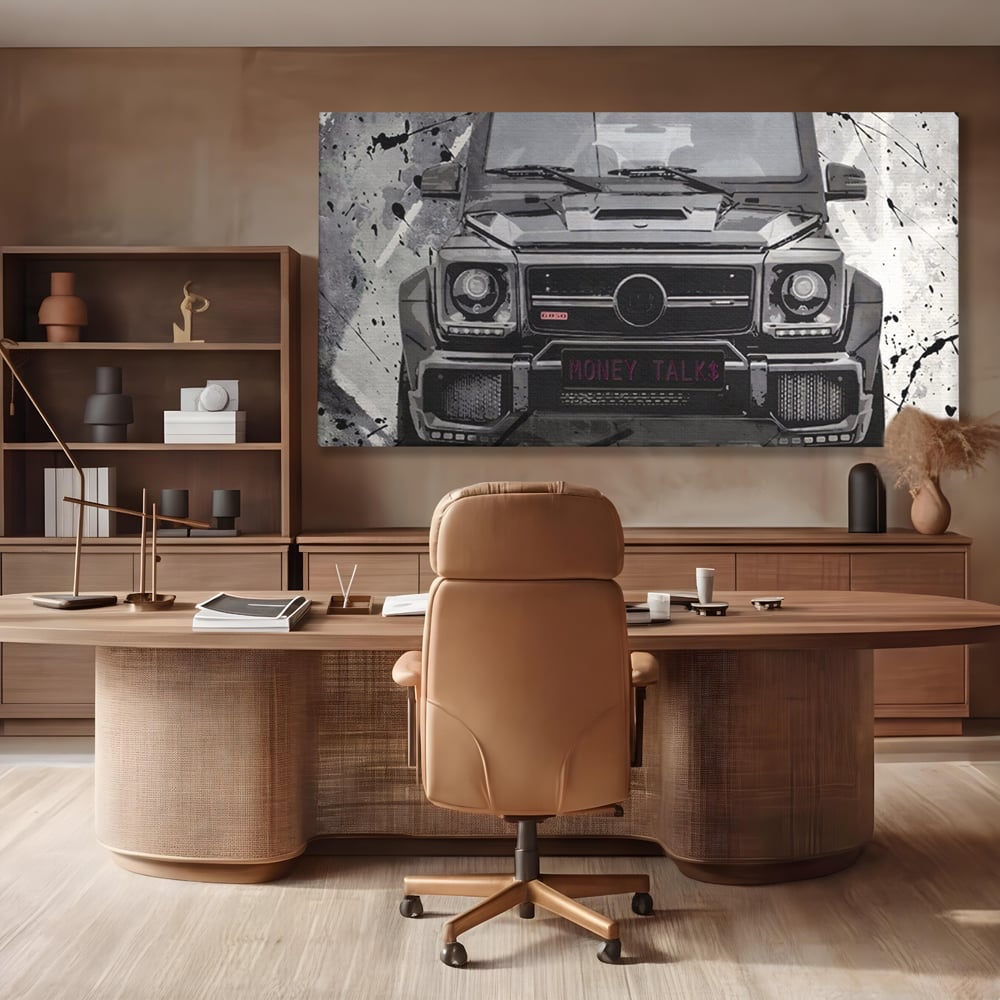 Leinwand Kunst Leinwand Premium LuxCanva® A1125, Money Talk , Mercedes, Erfolg, Weiß, Schwarz