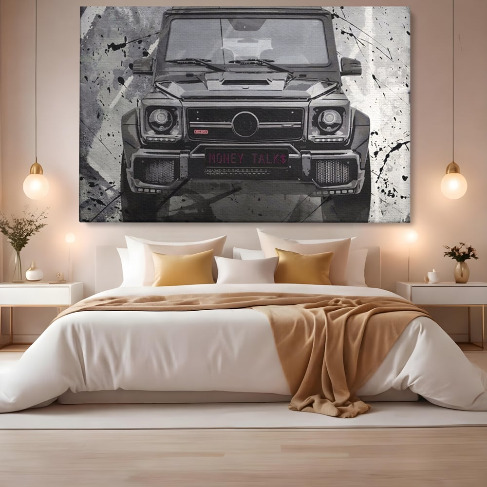 Leinwand Kunst Leinwand Premium LuxCanva® A1125, Money Talk , Mercedes, Erfolg, Weiß, Schwarz