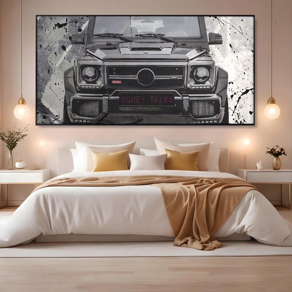 Leinwand Kunst Leinwand Premium LuxCanva® A1125, Money Talk , Mercedes, Erfolg, Weiß, Schwarz