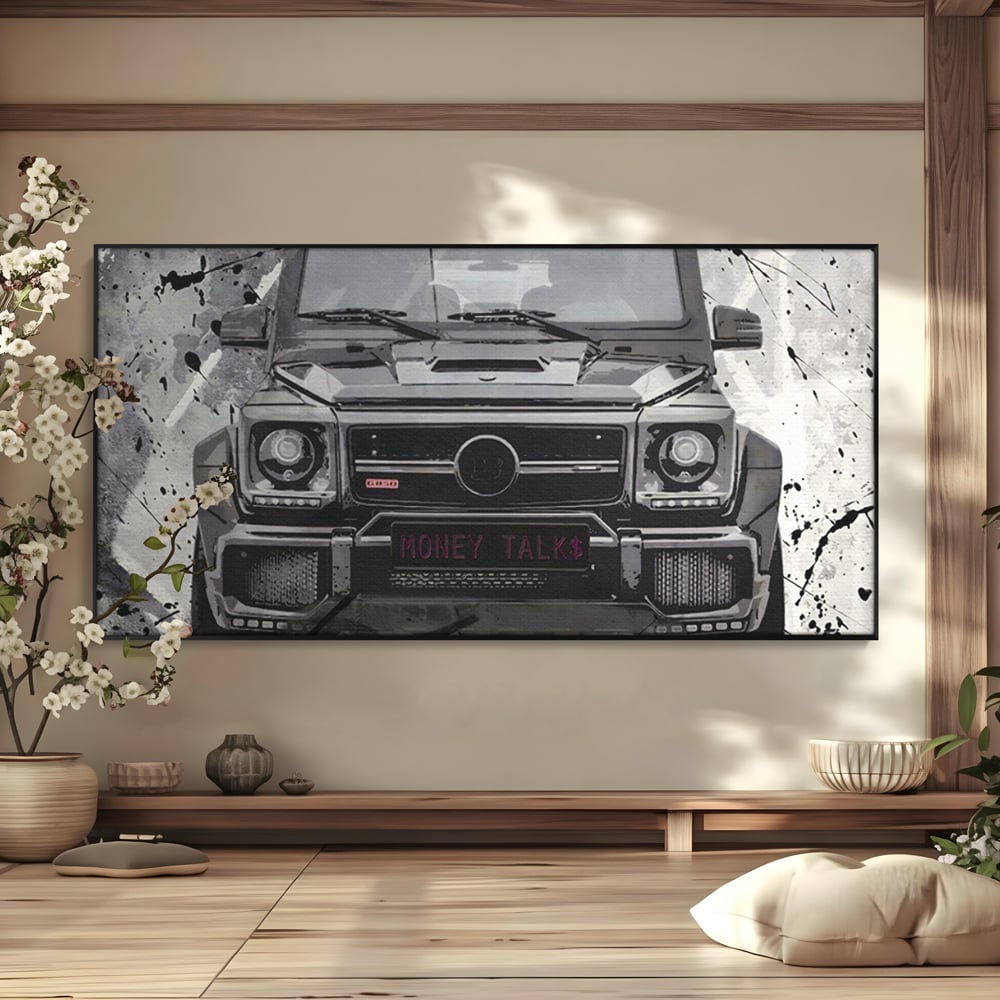 Leinwand Kunst Leinwand Premium LuxCanva® A1125, Money Talk , Mercedes, Erfolg, Weiß, Schwarz