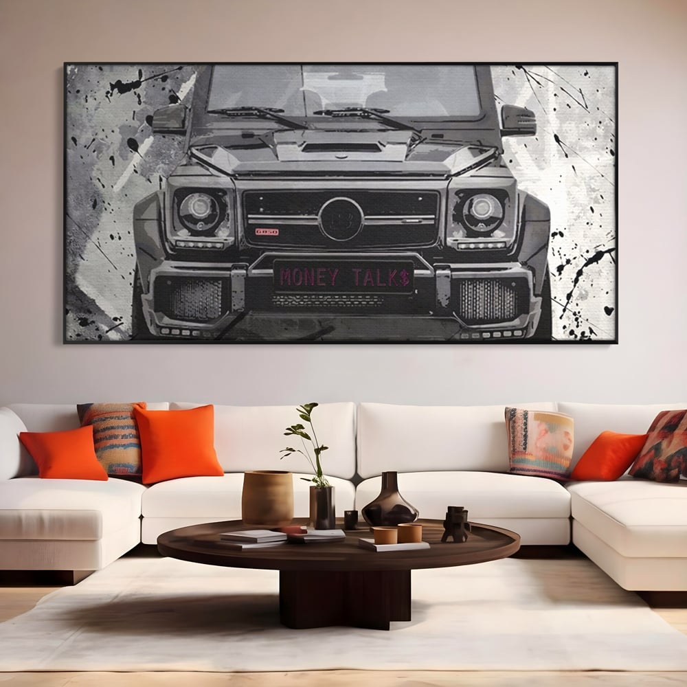 Leinwand Kunst Leinwand Premium LuxCanva® A1125, Money Talk , Mercedes, Erfolg, Weiß, Schwarz