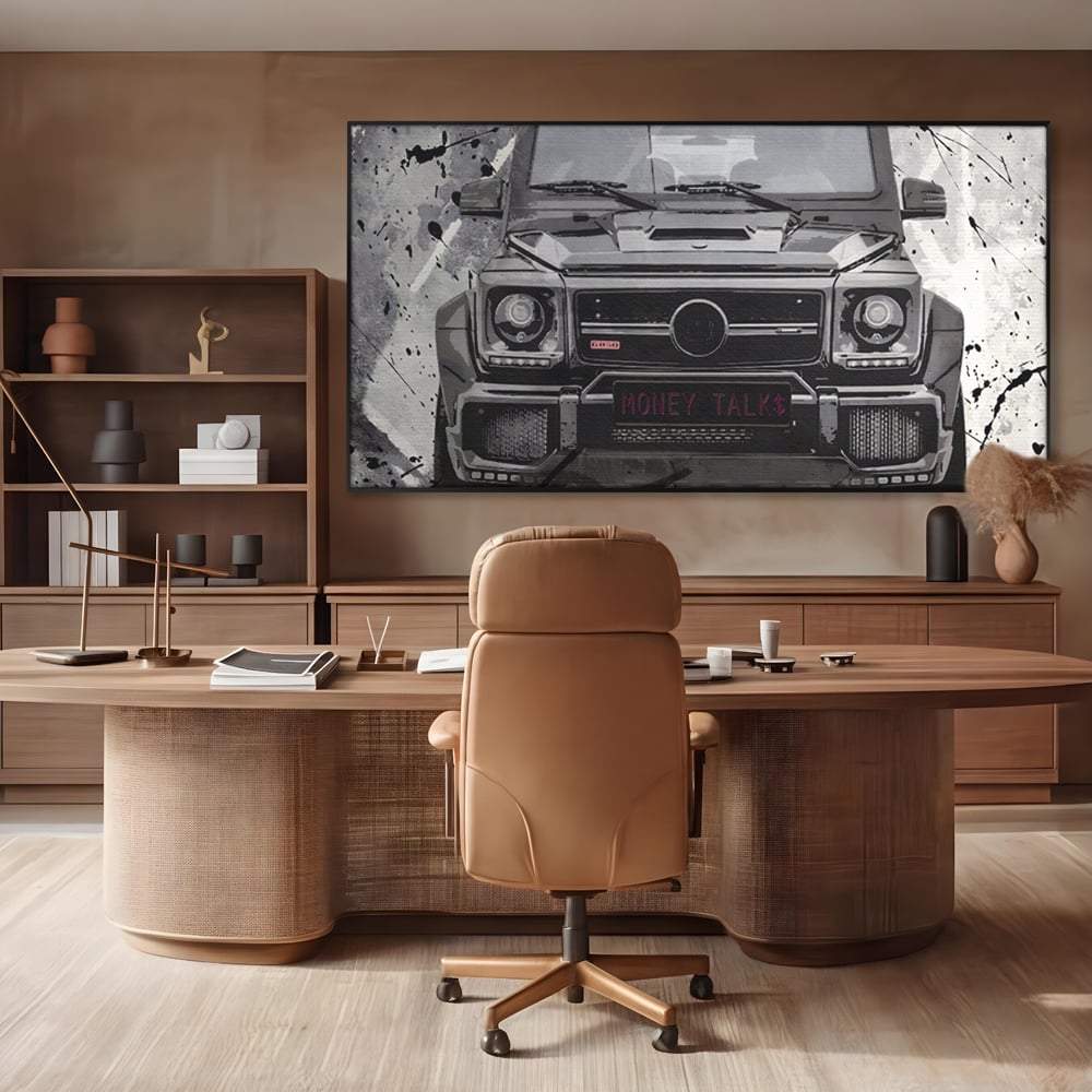 Leinwand Kunst Leinwand Premium LuxCanva® A1125, Money Talk , Mercedes, Erfolg, Weiß, Schwarz