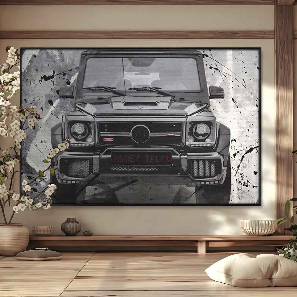 Leinwand Kunst Leinwand Premium LuxCanva® A1125, Money Talk , Mercedes, Erfolg, Weiß, Schwarz