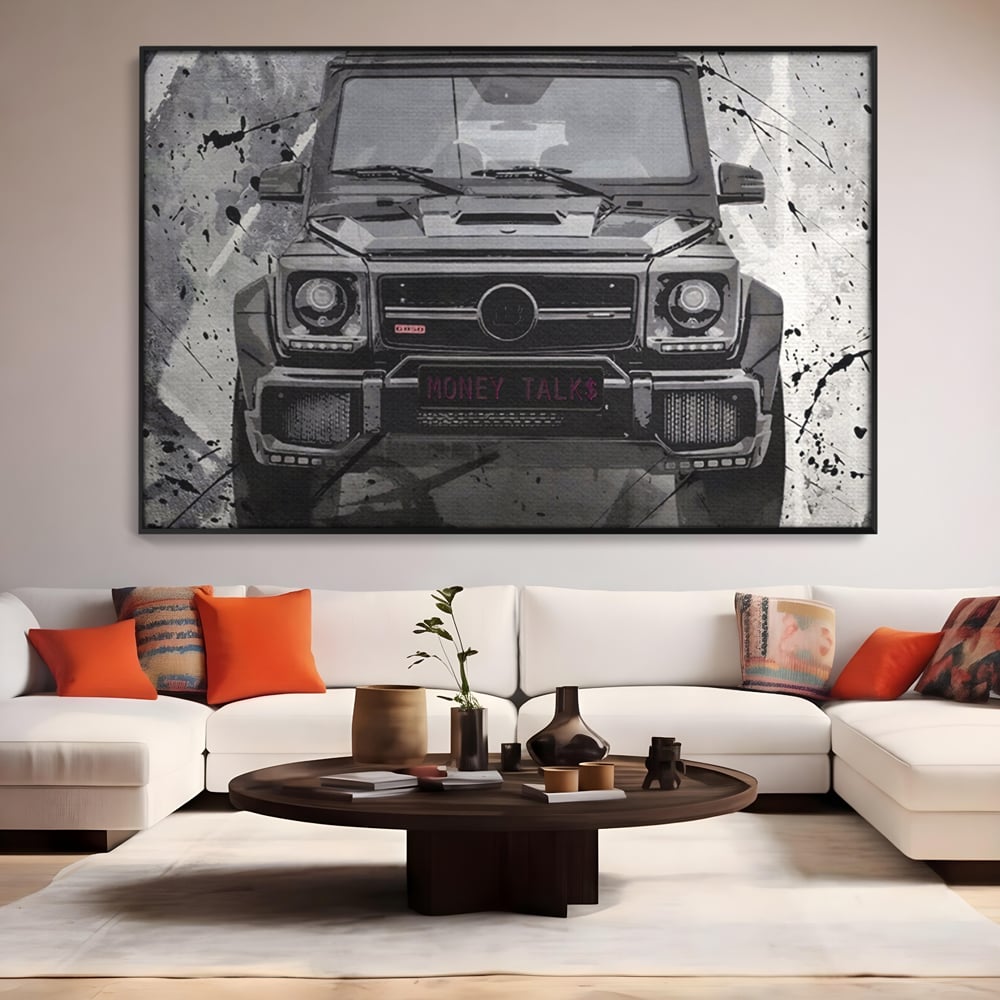 Leinwand Kunst Leinwand Premium LuxCanva® A1125, Money Talk , Mercedes, Erfolg, Weiß, Schwarz