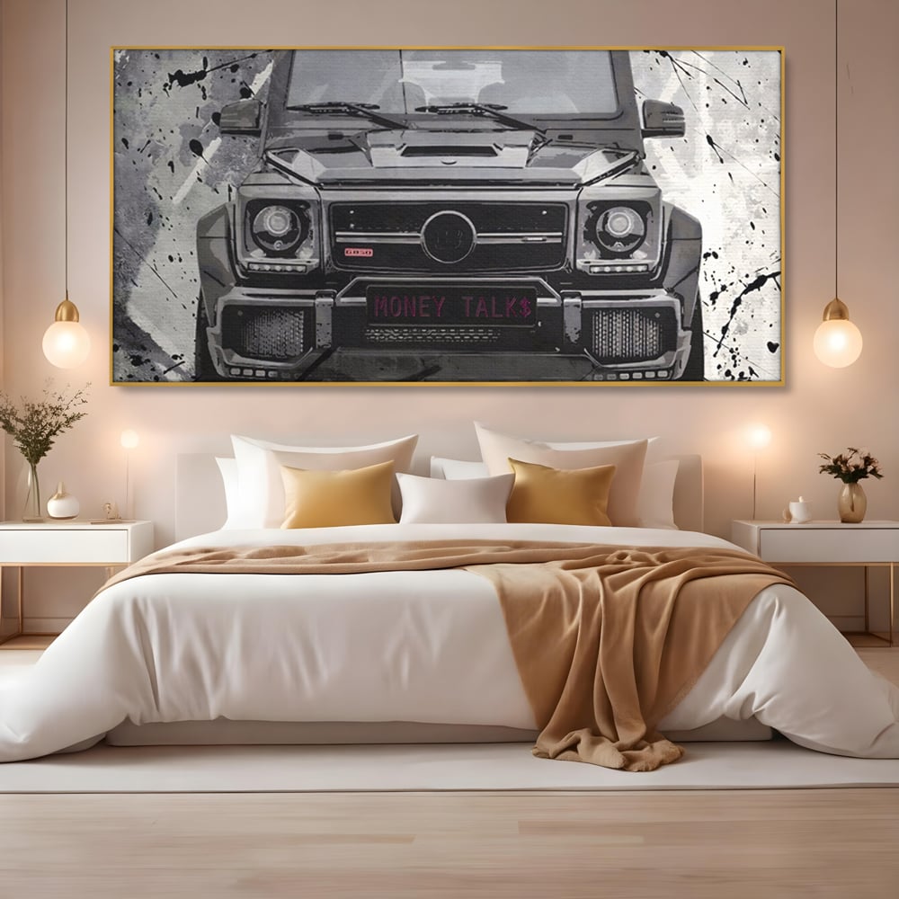 Leinwand Kunst Leinwand Premium LuxCanva® A1125, Money Talk , Mercedes, Erfolg, Weiß, Schwarz