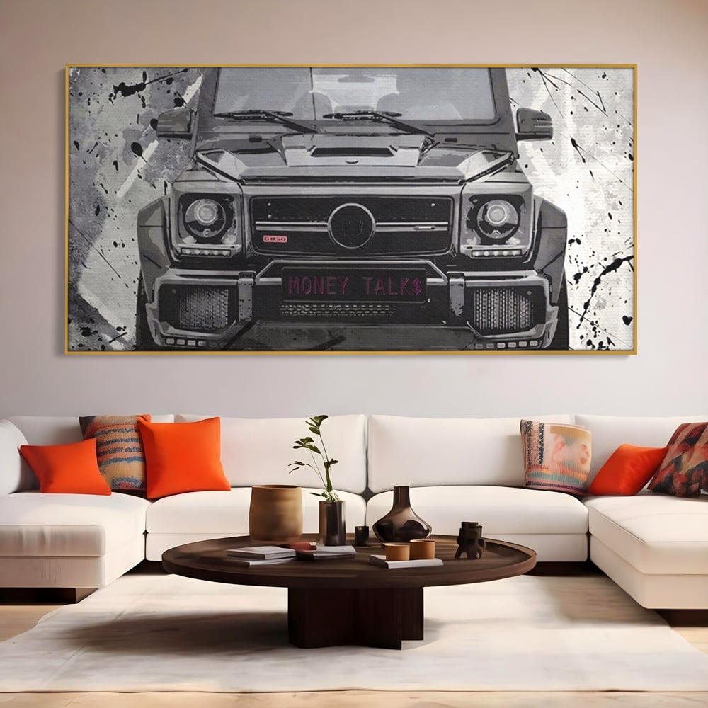 Leinwand Kunst Leinwand Premium LuxCanva® A1125, Money Talk , Mercedes, Erfolg, Weiß, Schwarz