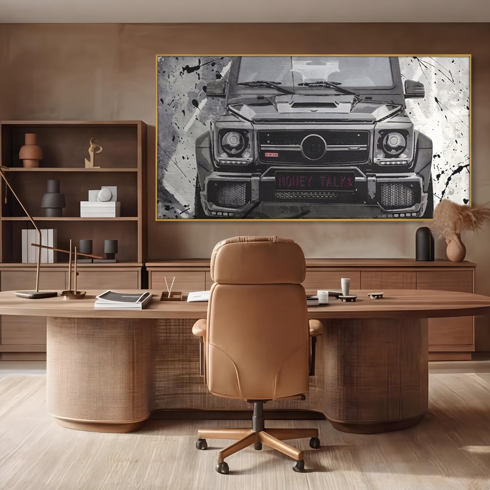 Leinwand Kunst Leinwand Premium LuxCanva® A1125, Money Talk , Mercedes, Erfolg, Weiß, Schwarz