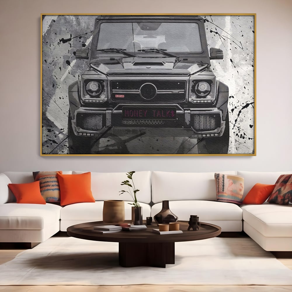 Leinwand Kunst Leinwand Premium LuxCanva® A1125, Money Talk , Mercedes, Erfolg, Weiß, Schwarz