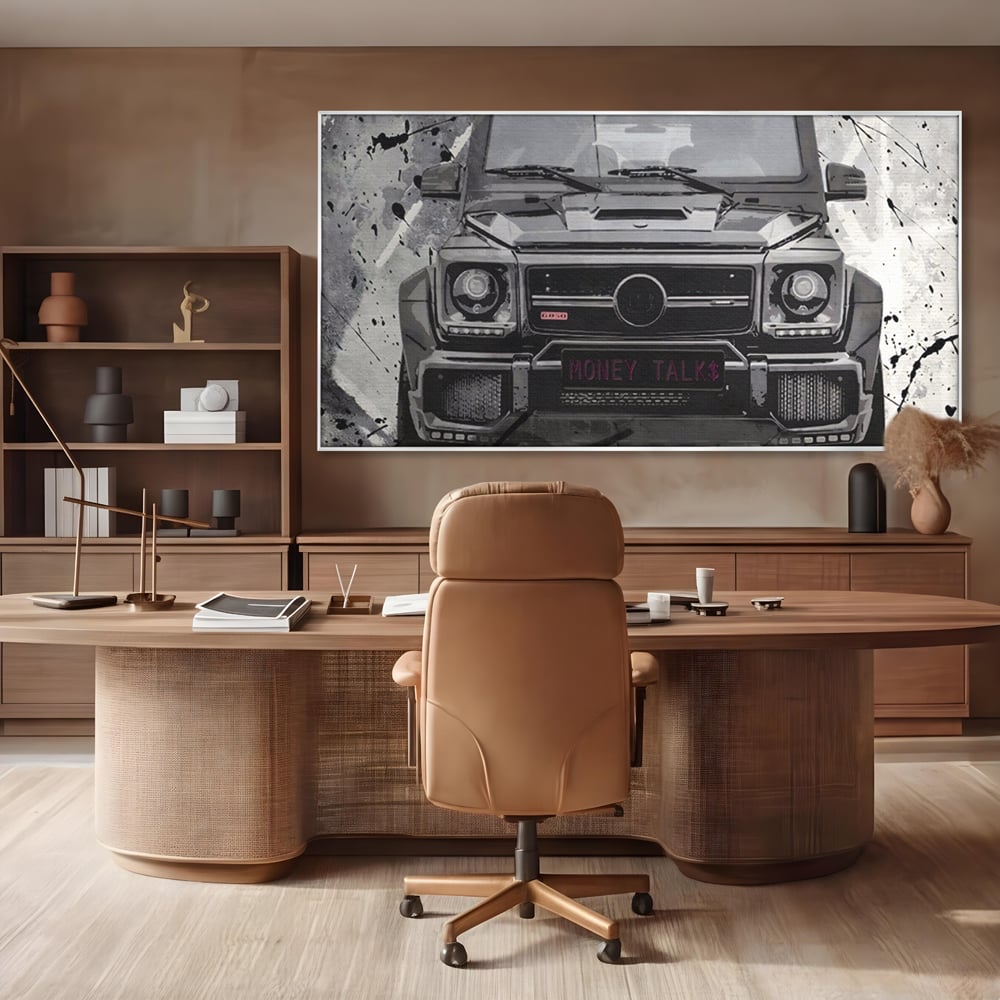 Leinwand Kunst Leinwand Premium LuxCanva® A1125, Money Talk , Mercedes, Erfolg, Weiß, Schwarz