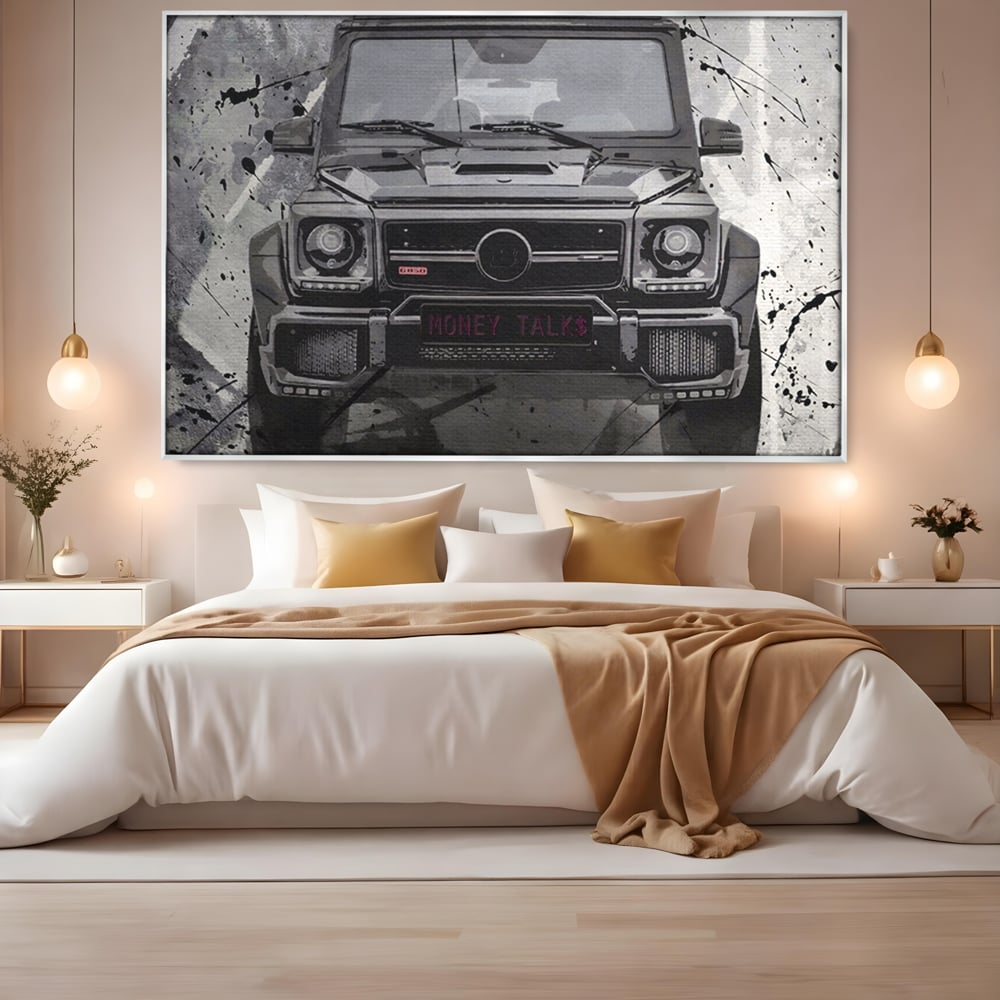 Leinwand Kunst Leinwand Premium LuxCanva® A1125, Money Talk , Mercedes, Erfolg, Weiß, Schwarz