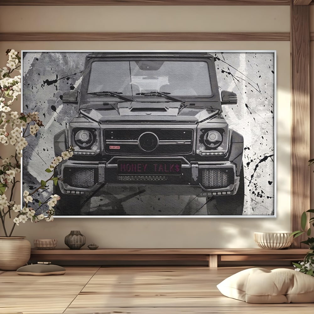 Leinwand Kunst Leinwand Premium LuxCanva® A1125, Money Talk , Mercedes, Erfolg, Weiß, Schwarz