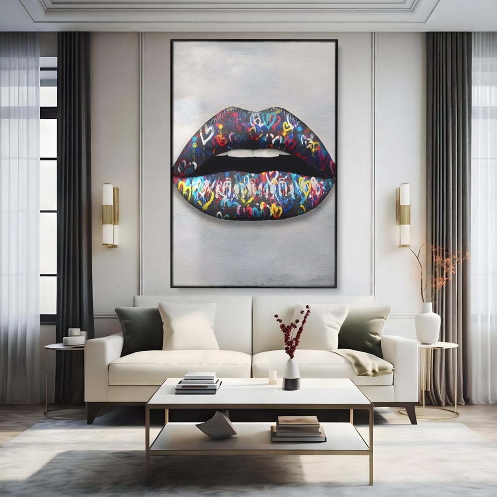 Tablou Canvas Premium LuxCanva® A1126, Black Lips ,  Buze, Inimi Colorate, Ruj Negru, Culori Vibrante