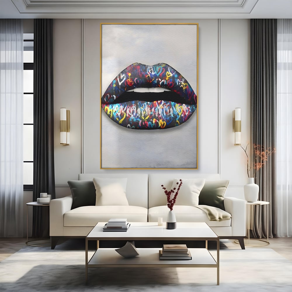 Tablou Canvas Premium LuxCanva® A1126, Black Lips ,  Buze, Inimi Colorate, Ruj Negru, Culori Vibrante