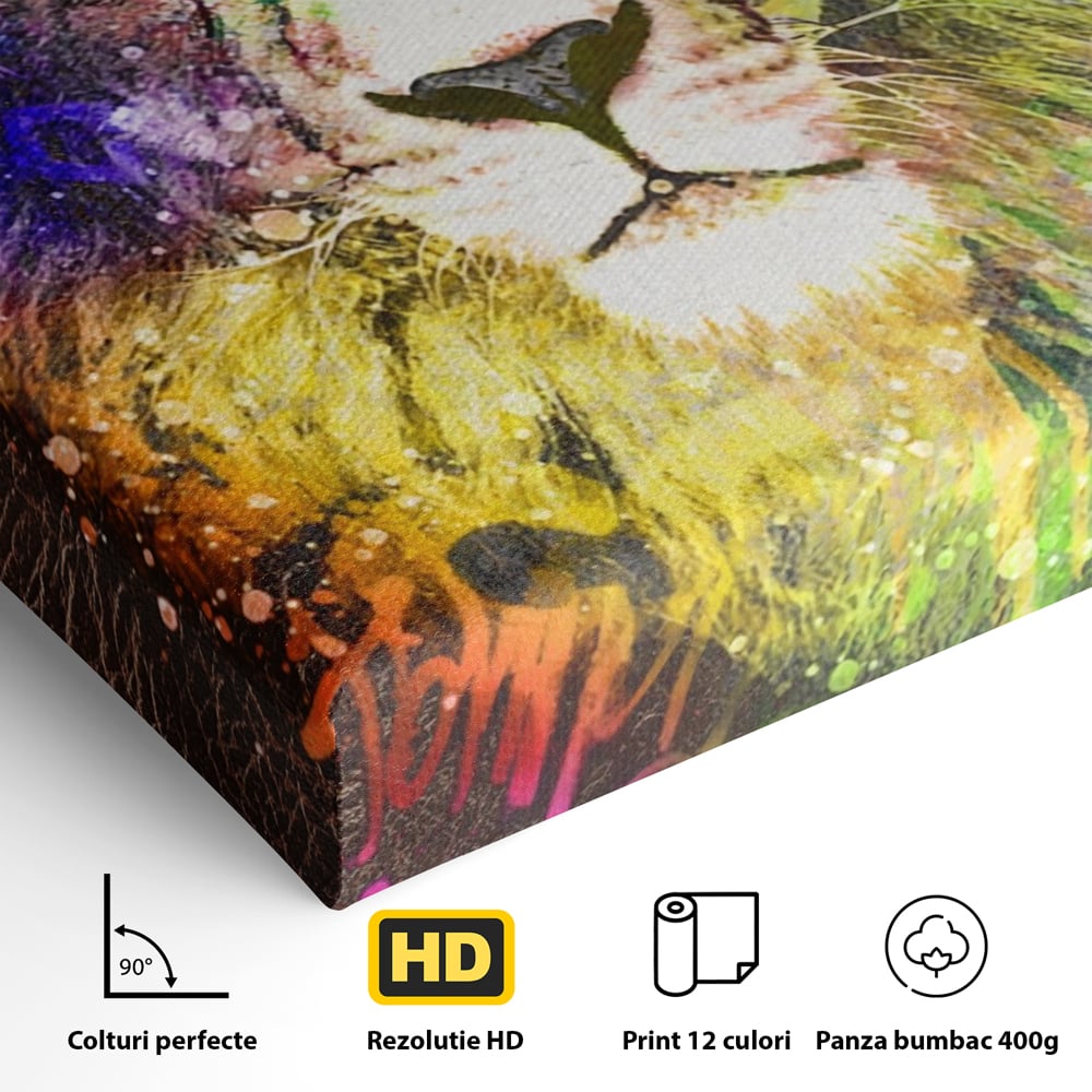 Tablou Canvas Premium LuxCanva® A1132, Leu Colorat , Multicolor, Regele Junglei, Verde, Culori Vibrante
