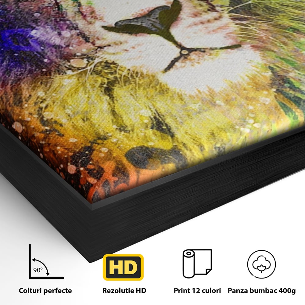 Tablou Canvas Premium LuxCanva® A1132, Leu Colorat , Multicolor, Regele Junglei, Verde, Culori Vibrante