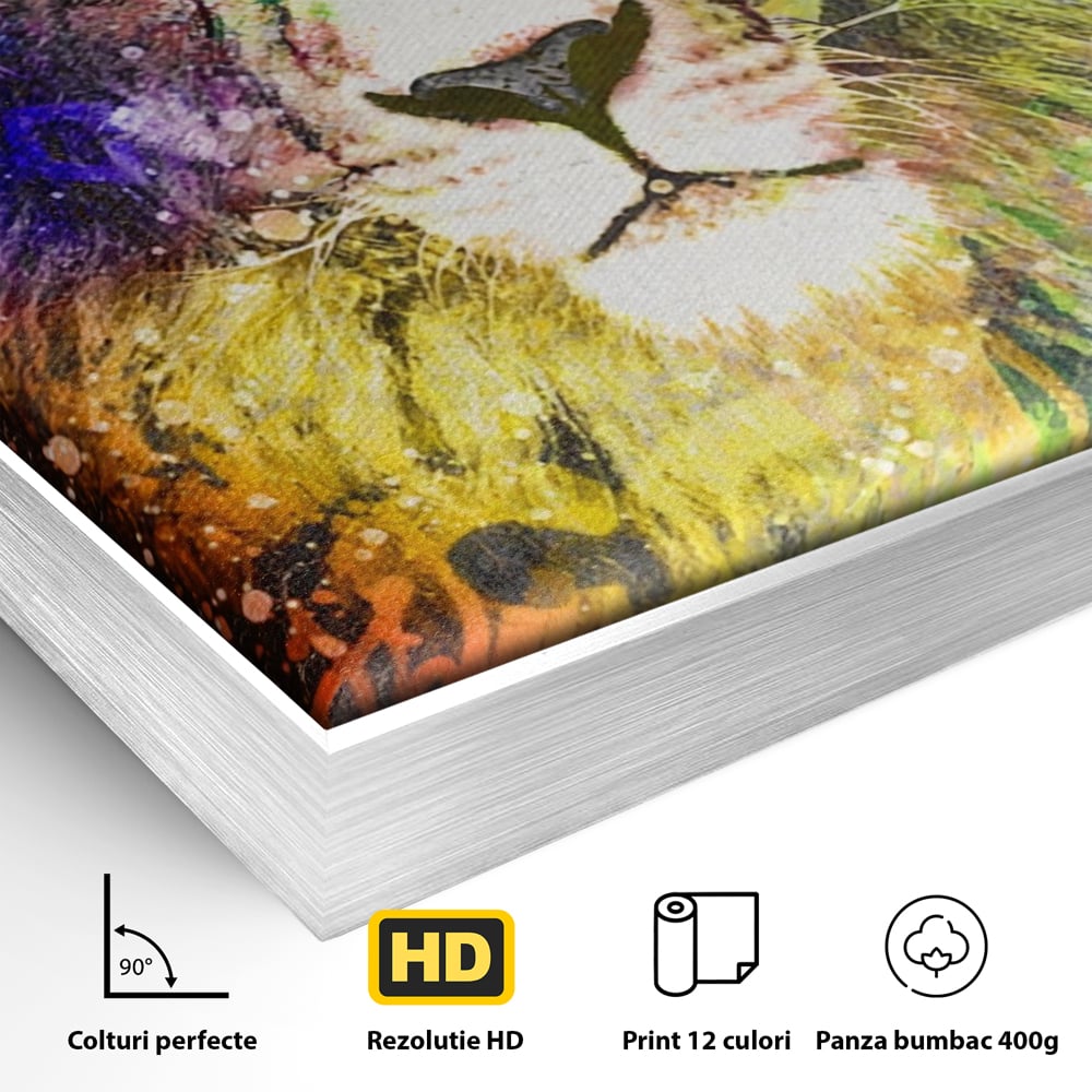 Tablou Canvas Premium LuxCanva® A1132, Leu Colorat , Multicolor, Regele Junglei, Verde, Culori Vibrante