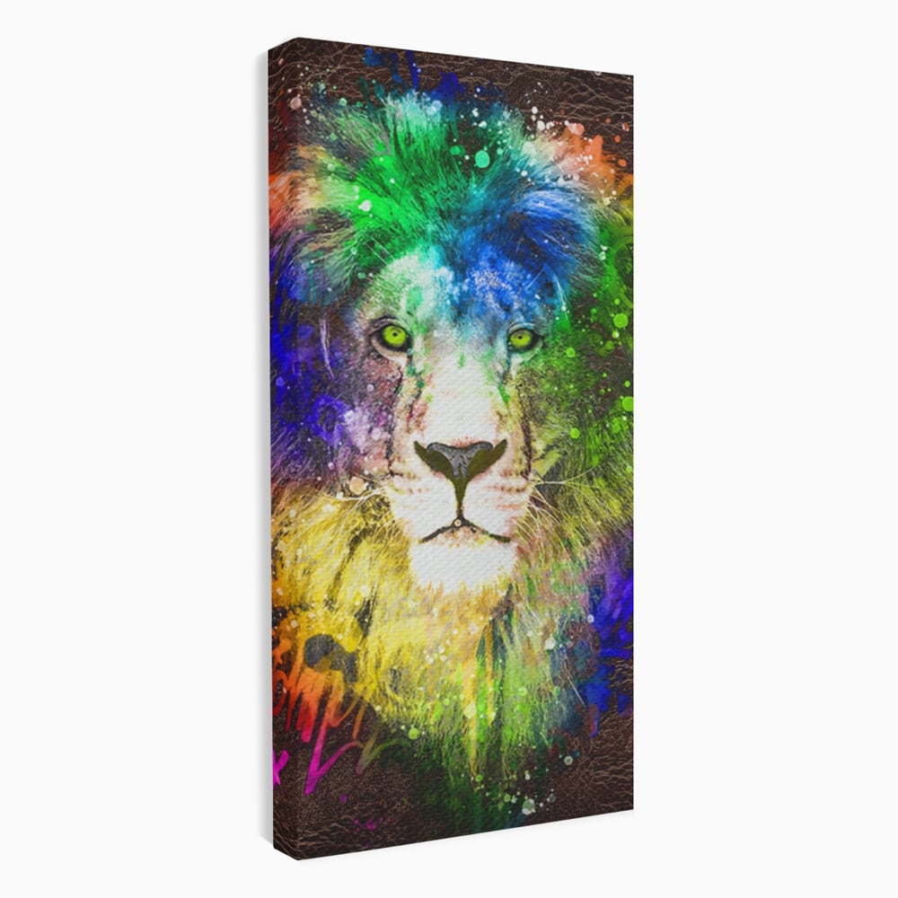 Tablou Canvas Premium LuxCanva® A1132, Leu Colorat , Multicolor, Regele Junglei, Verde, Culori Vibrante