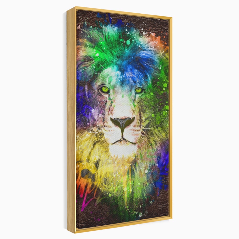 Tablou Canvas Premium LuxCanva® A1132, Leu Colorat , Multicolor, Regele Junglei, Verde, Culori Vibrante