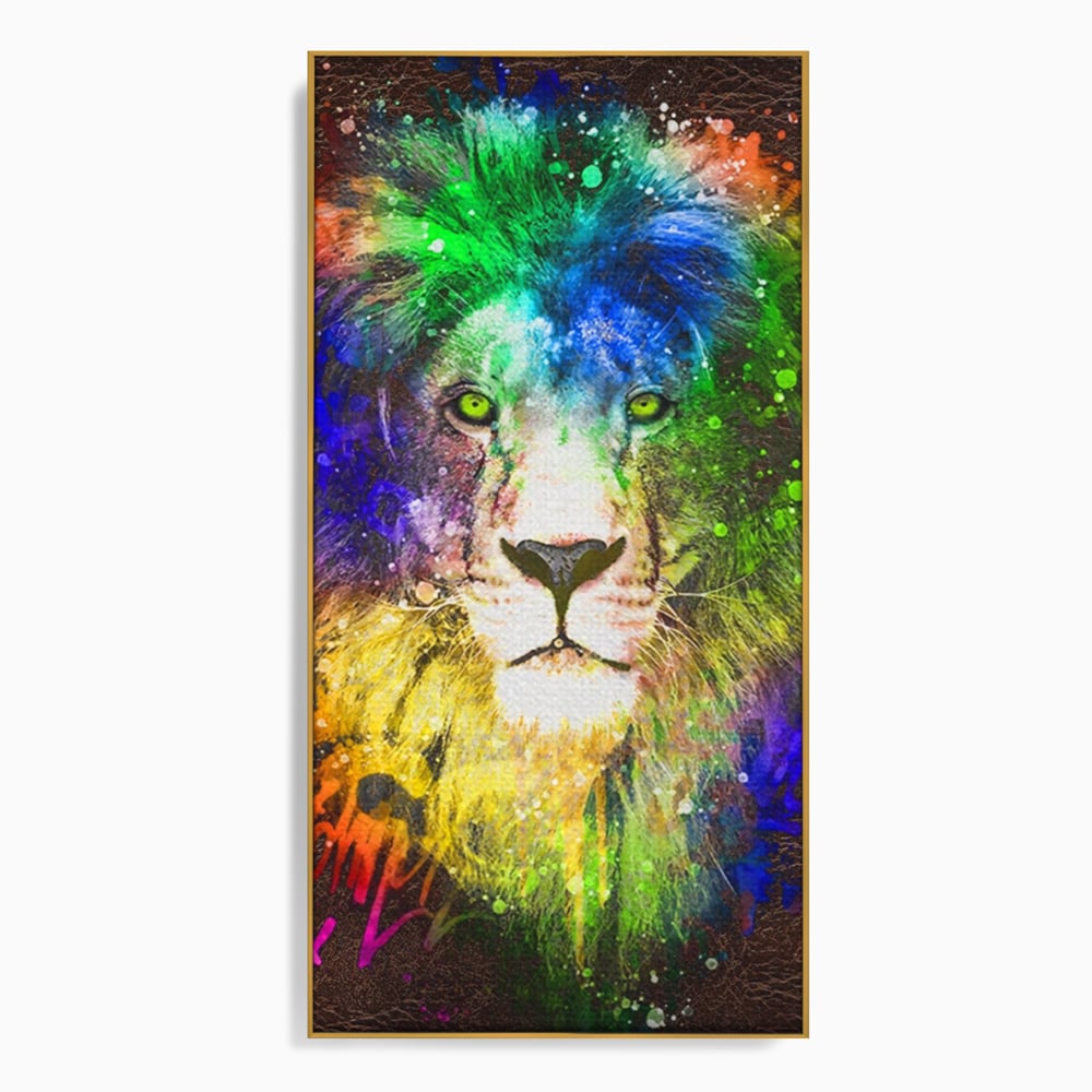 Tablou Canvas Premium LuxCanva® A1132, Leu Colorat , Multicolor, Regele Junglei, Verde, Culori Vibrante