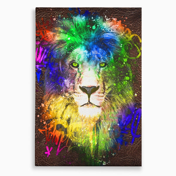 Tablou Canvas Premium LuxCanva® A1132, Leu Colorat , Multicolor, Regele Junglei, Verde, Culori Vibrante