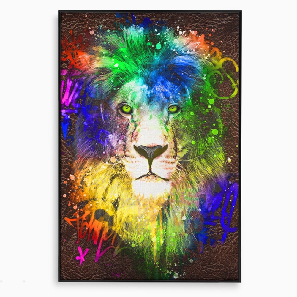 Tablou Canvas Premium LuxCanva® A1132, Leu Colorat , Multicolor, Regele Junglei, Verde, Culori Vibrante
