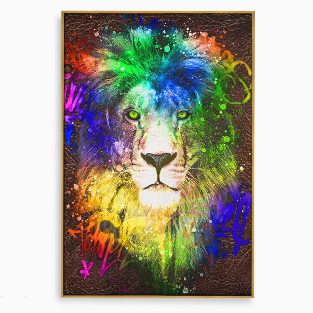Tablou Canvas Premium LuxCanva® A1132, Leu Colorat , Multicolor, Regele Junglei, Verde, Culori Vibrante