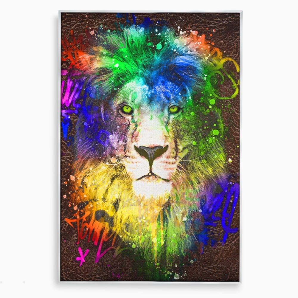 Tablou Canvas Premium LuxCanva® A1132, Leu Colorat , Multicolor, Regele Junglei, Verde, Culori Vibrante