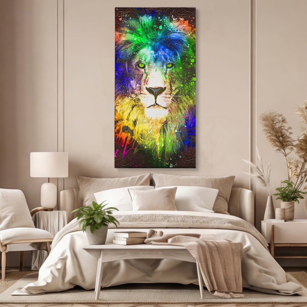 Tablou Canvas Premium LuxCanva® A1132, Leu Colorat , Multicolor, Regele Junglei, Verde, Culori Vibrante
