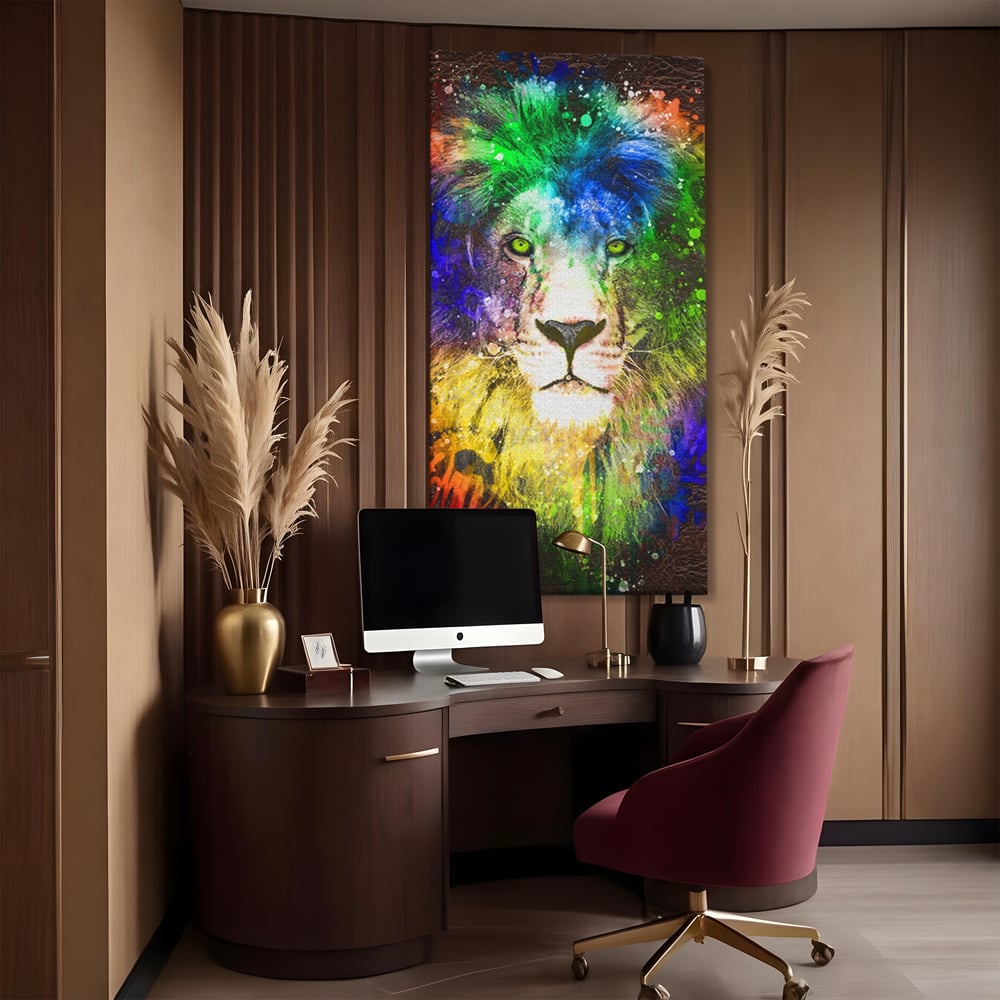 Tablou Canvas Premium LuxCanva® A1132, Leu Colorat , Multicolor, Regele Junglei, Verde, Culori Vibrante