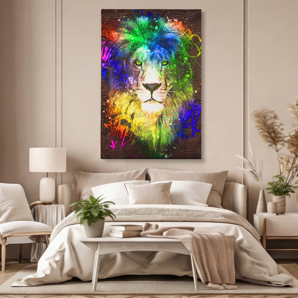 Tablou Canvas Premium LuxCanva® A1132, Leu Colorat , Multicolor, Regele Junglei, Verde, Culori Vibrante
