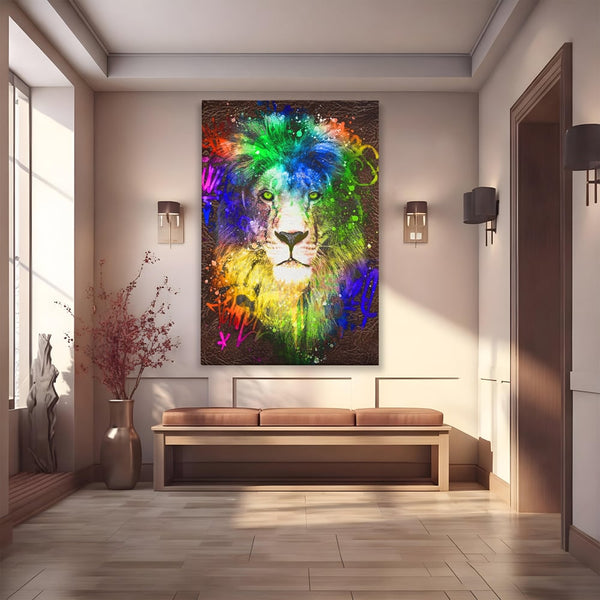 Tablou Canvas Premium LuxCanva® A1132, Leu Colorat , Multicolor, Regele Junglei, Verde, Culori Vibrante