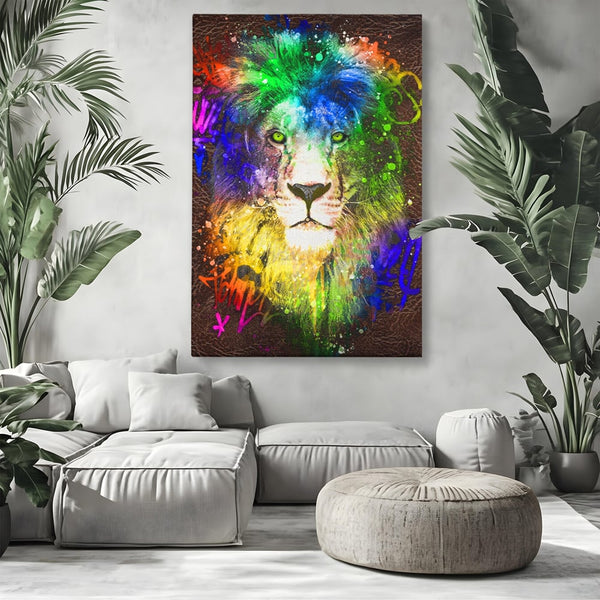 Tablou Canvas Premium LuxCanva® A1132, Leu Colorat , Multicolor, Regele Junglei, Verde, Culori Vibrante