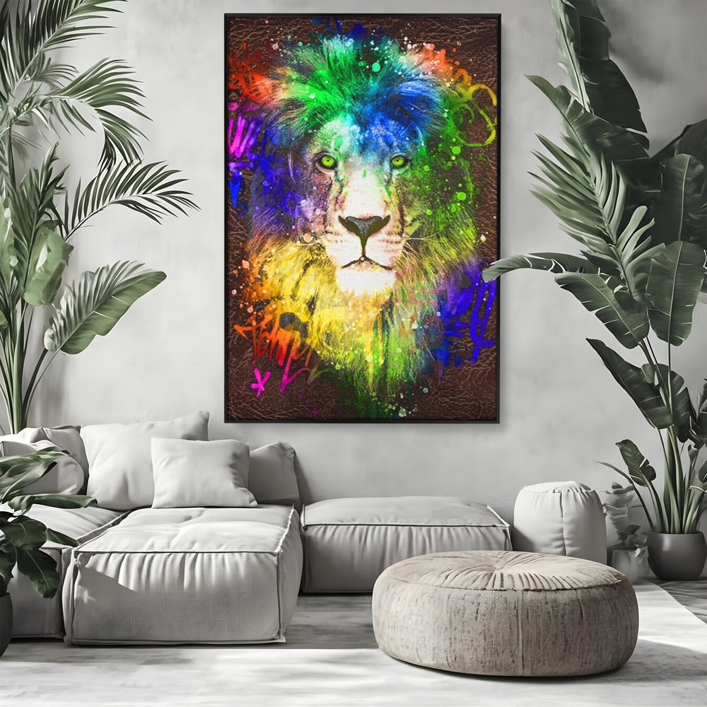 Tablou Canvas Premium LuxCanva® A1132, Leu Colorat , Multicolor, Regele Junglei, Verde, Culori Vibrante