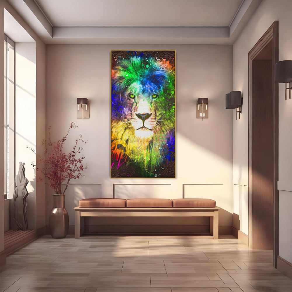 Tablou Canvas Premium LuxCanva® A1132, Leu Colorat , Multicolor, Regele Junglei, Verde, Culori Vibrante