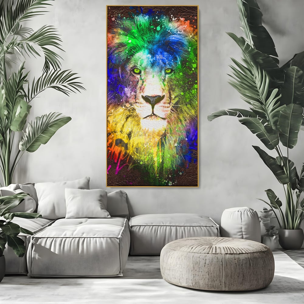 Tablou Canvas Premium LuxCanva® A1132, Leu Colorat , Multicolor, Regele Junglei, Verde, Culori Vibrante