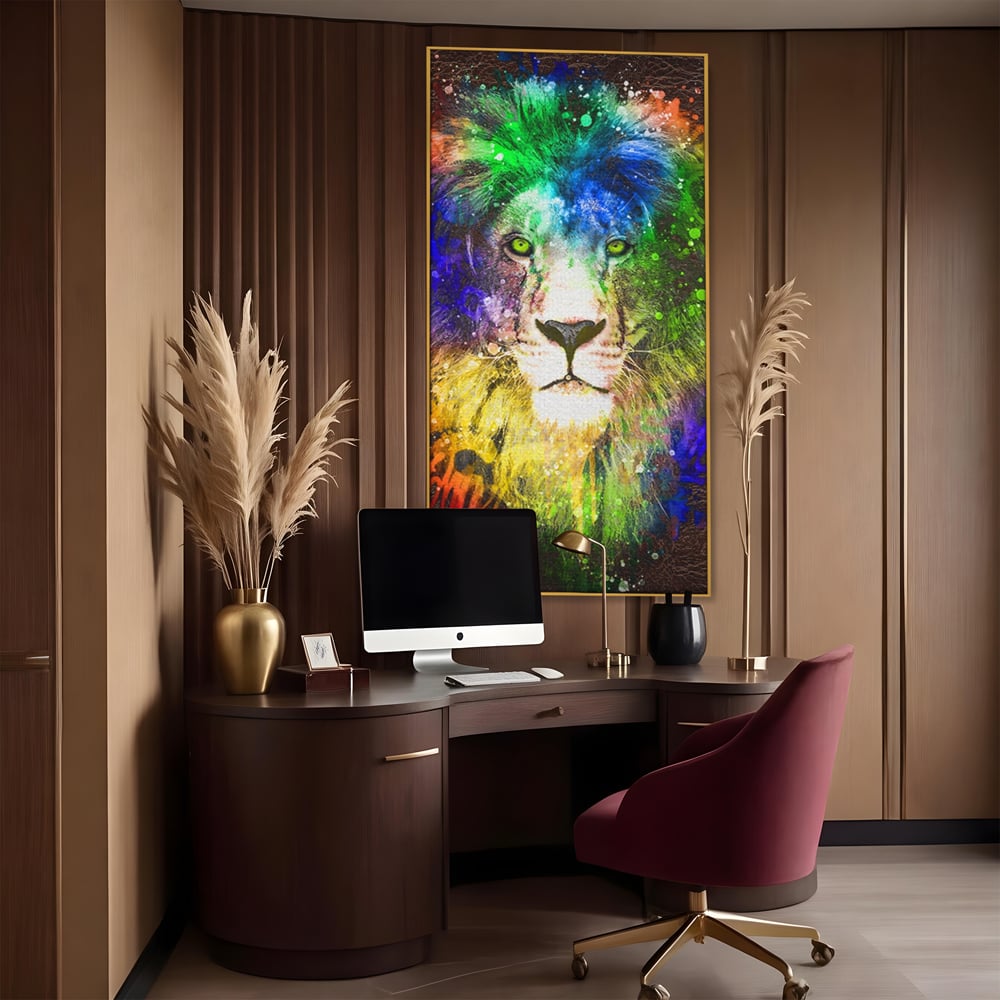 Tablou Canvas Premium LuxCanva® A1132, Leu Colorat , Multicolor, Regele Junglei, Verde, Culori Vibrante