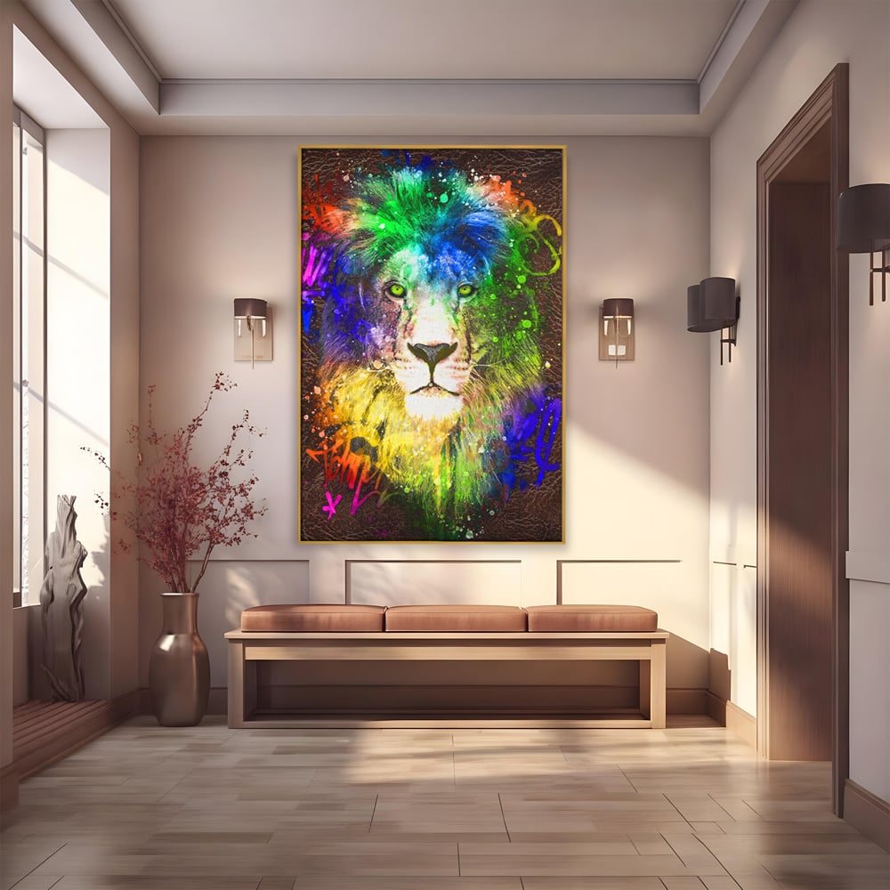 Tablou Canvas Premium LuxCanva® A1132, Leu Colorat , Multicolor, Regele Junglei, Verde, Culori Vibrante