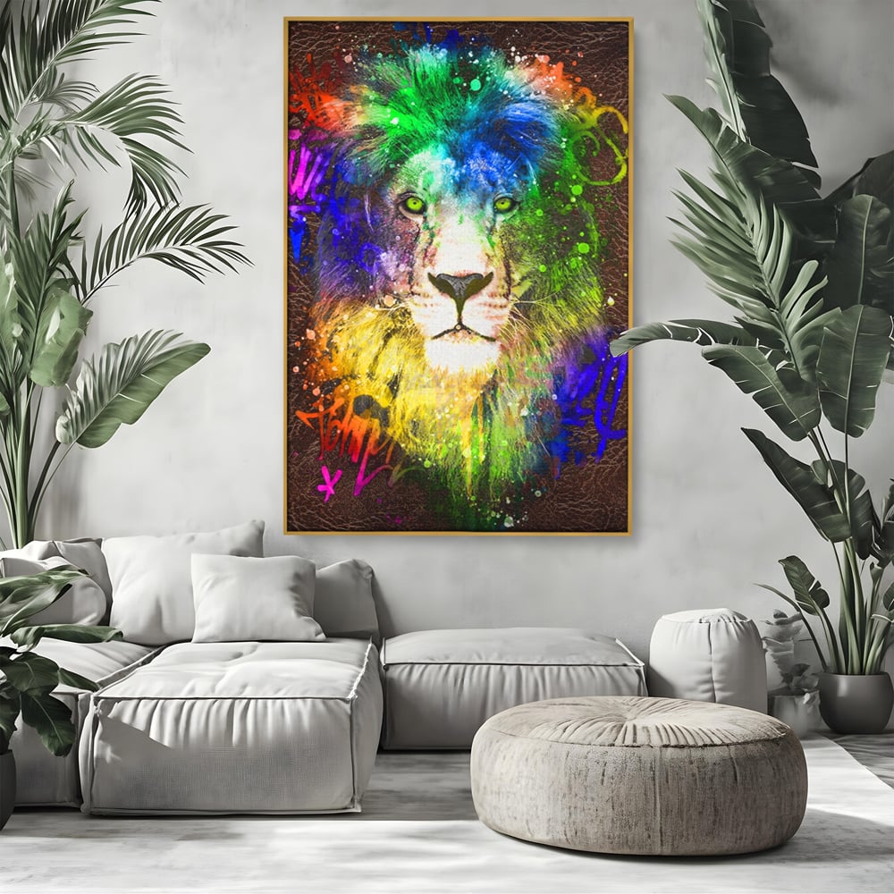 Tablou Canvas Premium LuxCanva® A1132, Leu Colorat , Multicolor, Regele Junglei, Verde, Culori Vibrante
