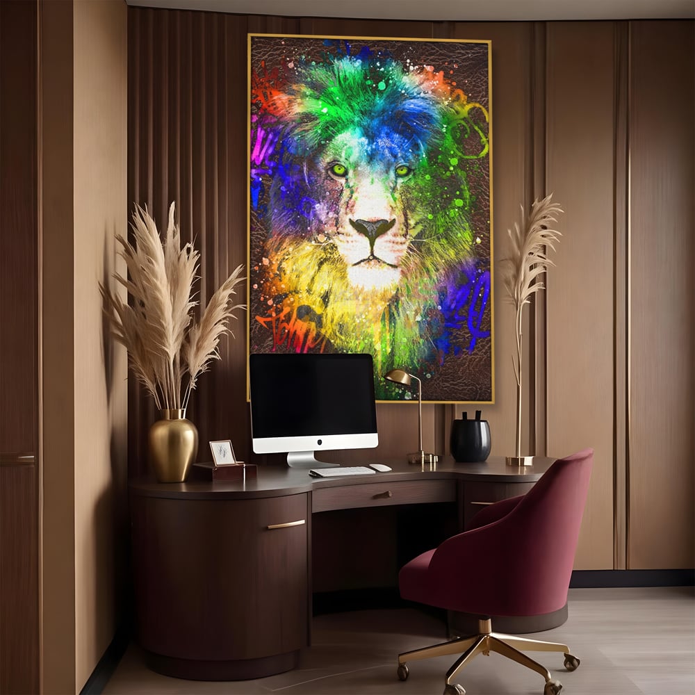 Tablou Canvas Premium LuxCanva® A1132, Leu Colorat , Multicolor, Regele Junglei, Verde, Culori Vibrante